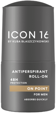 ICON 16 roll-on antyperspirant dla mężczyzn, ciemnoszara butelka z białym napisem 'ON POINT', widok z przodu.