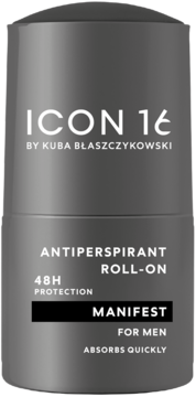 Gray ICON 16 Manifest roll-on antyperspirant dla mężczyzn, 48h ochrona, widok z przodu. Szybko się wchłania.
