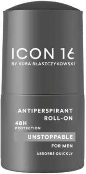 Antyperspirant roll-on ICON 16 Unstoppable dla mężczyzn, szary, 48h ochrony, widok z przodu.