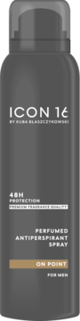 ICON 16 męski antyperspirant w ciemnoszarym sprayu ON POINT, widok z przodu, z transparentną nasadką.