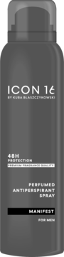 Antyperspirant w sprayu ICON 16 MANIFEST For Men, ciemnoszara puszka 48H Protection, widok frontalny.