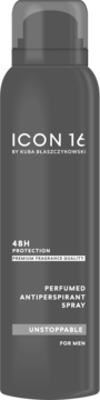 Szary dezodorant ICON 16 Unstoppable dla mężczyzn, perfumowany spray antyperspirant 48H, widok z przodu.