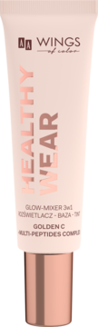 Tubka AA Wings of Color Healthy Wear Glow-Mixer 3w1, jasnoróżowa z miedzianym napisem i nakrętką, widok z przodu.