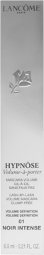Lancôme Hypnôse Volume-à-porter, czarna objętościowa maskara w srebrnym opakowaniu z logo róży, widok z przodu.