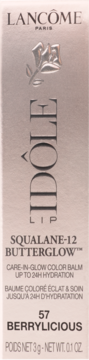 Lancôme Idôle Lip Squalane-12 Butterglow 57 Berrylicious, balsam do ust w srebrnym opakowaniu, z przodu.
