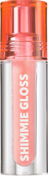 Błyszczyk Trouble Maker Shimmie Gloss Crunch Time Nude, widoczne napisy na różowo-złotym płynie, pomarańczowa zakrętka.