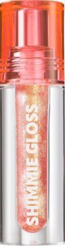 Błyszczyk Trouble Maker Shimmie Gloss Jackpot Gold w przezroczystej tubce z brokatem, pomarańczowa nakrętka.