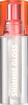 Błyszczyk Trouble Maker Shimmie Gloss Sure Thing Clear, przezroczysta butelka z brokatem, pomarańczowa nakrętka, widok z przodu.
