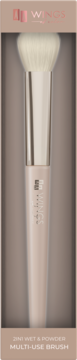 AA Wings Of Color 2in1 Wet & Powder Multi-Use Brush z beżową rączką i białym włosiem, w pudełku.