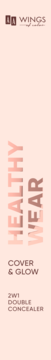 Opakowanie korektora Wings Healthy Wear 2w1 Double Concealer Cover & Glow, widok z przodu, jasnoróżowe tło.