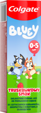 Czerwono-niebieskie opakowanie pasty Colgate dla dzieci 0-5 lat z postaciami Bluey i Bingo, smak truskawkowy.