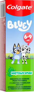Colgate Kids Bluey pasta do zębów 6-9 lat, miętowa, zmieniająca kolor. Postacie Bluey i dalmatyńczyka, przód opakowania.
