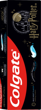 Pionowe, czarne pudełko pasty Colgate Harry Potter z czerwonym logo, zmienia kolor, łagodny miętowy smak.