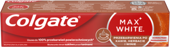 Colgate Max White pasta do zębów na przebarwienia po kawie, herbacie i winie, czerwono-brązowe pudełko.