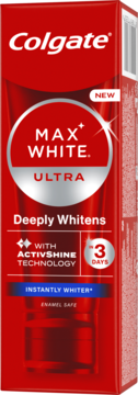 Colgate Max White Ultra pasta do zębów, czerwona tubka w pudełku, widok z przodu, z napisem "NEW" i "ACTIVSHINE TECHNOLOGY".