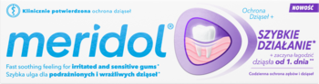 Opakowanie pasty Meridol Gum Care + Fast Action, białe z niebieskim logo i purpurowym zarysem dziąseł, widok z przodu.