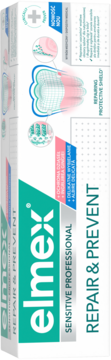 Białe pudełko pasty Elmex Sensitive Professional Repair & Prevent + Gentle Whitening, zielone logo, widok pod kątem.
