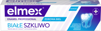 Elmex Enamel Professional Zdrowa Biel, biało-fioletowe pudełko pasty wybielającej z zębem, widok z przodu.