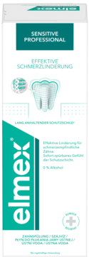 Płyn Elmex Sensitive Professional do wrażliwych zębów. Biało-zielone opakowanie, widok z przodu, bez alkoholu.