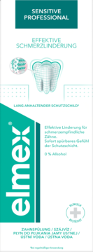 Elmex Sensitive Professional płyn do płukania ust, biało-turkusowe opakowanie, przód, ulga dla wrażliwych zębów, 0% alkoholu.