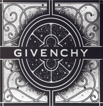 Givenchy, ozdobny panel z czarno-srebrnym logo, centralnym okręgiem, błyszczącymi ornamentami i drobnymi gwiazdkami.