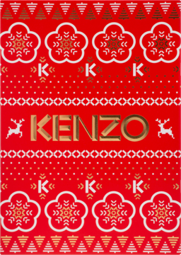 Czerwone świąteczne opakowanie Kenzo ze złotym logo i wzorami: płatki śniegu, renifery, choinki.