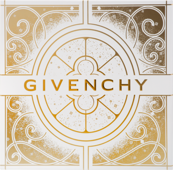 Luksusowe opakowanie Givenchy, białe ze złotymi, misternymi ornamentami i napisem w centralnej bandzie. Widok z przodu.