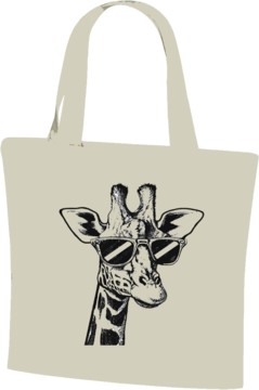 Naturalna torba bawełniana 38x42 cm z casualowym nadrukiem żyrafy w czarnych okularach, widok z przodu.