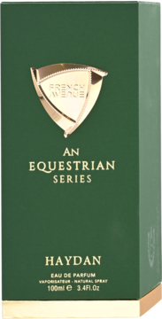 Woda perfumowana Haydan French Avenue, ciemnozielone pudełko ze złotym emblematem i napisami, widok frontalny pod kątem.