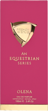 Różowe pudełko perfum Olena French Avenue 100ml, z złotym logo i napisem Equestrian Series na froncie.