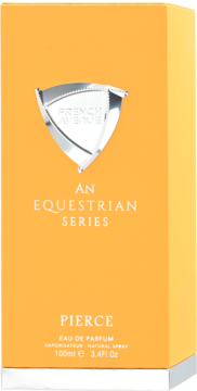 Pomarańczowe opakowanie perfum French Avenue Equestrian Series Pierce 100ml, ze srebrnym logo, widok z przodu.