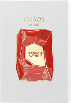 Perfumy Chaos extrait w białym pudełku z czerwono-złotym geometrycznym wzorem French Avenue na froncie.