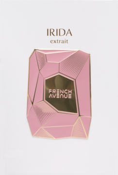 Próbka perfum IRIDA extrait FRENCH AVENUE: różowa, geometryczna karta ze złotymi detalami na białym tle.