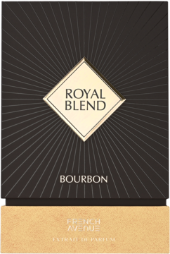 Ciemnobrązowe pudełko perfum Royal Blend Bourbon French Avenue Extrait de Parfum, z beżowym paskiem i złotą etykietą, widok z przodu.