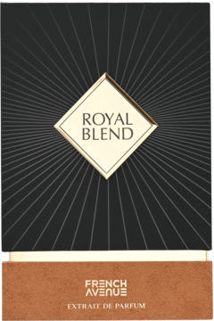 Pudełko perfum Royal Blend Extrait de Parfum French Avenue, czarne z promieniami i złotym rombem, widok z przodu.