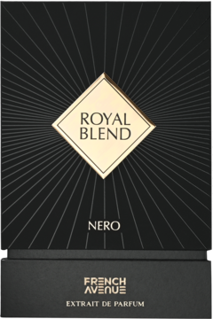 Czarne pudełko perfum French Avenue Royal Blend Nero, ze złotym rombem i promieniami, widok z przodu.