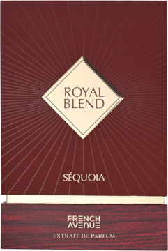 Ciemnoczerwone pudełko perfum ROYAL BLEND SÉQUOIA, French Avenue Extrait de Parfum, ze złotym rombem, widok z przodu.
