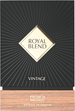Czarne pudełko French Avenue Royal Blend Vintage Extrait de Parfum z promieniami, złotym rombem i drewnianą podstawą, widok z przodu.