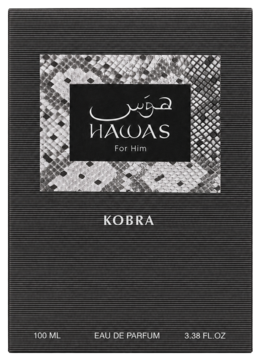 Front czarnego pudełka Hawas Kobra For Him woda perfumowana, z teksturą i motywem wężowej skóry.