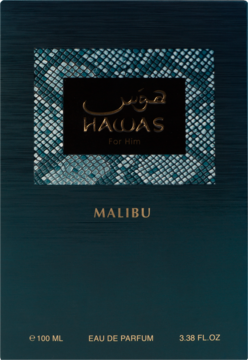 Ciemnoniebieskie pudełko perfum Raves Hawas For Him Malibu z lśniącym napisem Hawas i pojemnością 100ml.