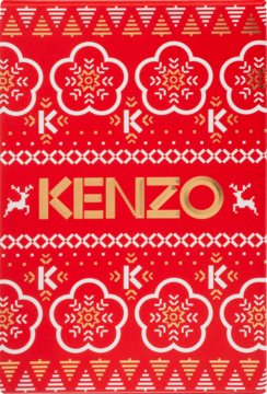 Czerwone świąteczne pudełko Kenzo ze złotym napisem, białymi śnieżynkami, złotymi choinkami i reniferami, widok z przodu.
