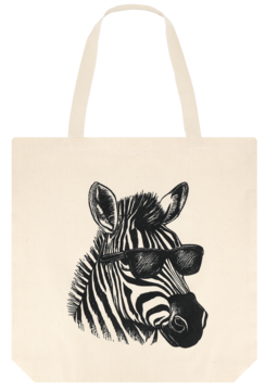Jasnobeżowa torba bawełniana z czarno-białym nadrukiem zebry w okularach przeciwsłonecznych, widok z przodu.