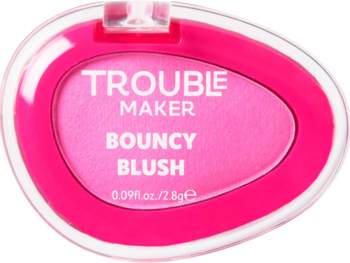 Widok z góry: Trouble Maker Bouncy Blush Bounce Hot Pink, intensywnie różowy, w otwartym, fuksjowym kompakcie.