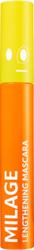 Wydłużający tusz do rzęs Milage Trouble Maker, dwukolorowy: żółta nakrętka z buźką, pomarańczowa tuba z napisami.