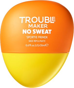 Matująca baza Trouble Maker No Sweat w pomarańczowo-żółtej, owalnej butelce, widok z przodu.