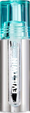 Trouble Maker Evil Twin Clear Brow Gel w butelce z turkusową zakrętką, zbliżenie na aplikator z żelem.