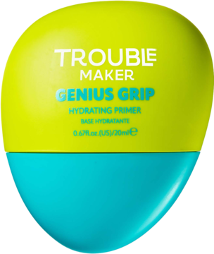 Nawilżająca baza Trouble Maker Genius Grip, neonowo-zielona i turkusowa butelka, widok z przodu.
