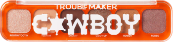 Paleta cieni Trouble Maker Cowboy w pomarańczowej oprawie. 6 odcieni brązów, beżów, miedzi; maty i błyski. Widok z góry.