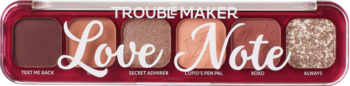 Paleta cieni Trouble Maker Love Note, 6 odcieni: matowe brązy, błyszczące róże i złoto, w czerwonym etui.