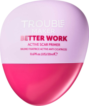 Trouble Maker Better Work Active Scar Primer, różowa baza wygładzająca do makijażu, butelka w kształcie łzy.
